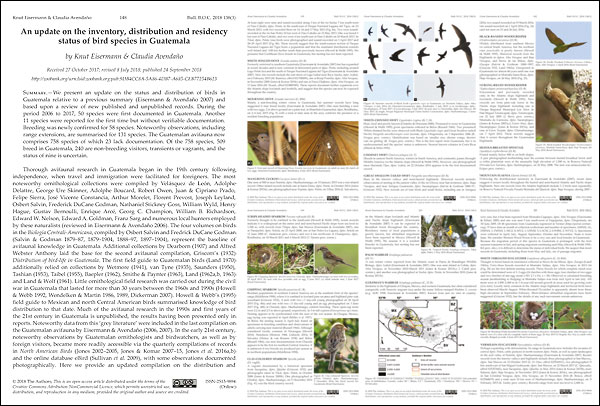 Eisermann, K. & C. Avendaño (2018) An update on the inventory, distribution and residency status of bird species in Guatemala. Bulletin British Ornithologists' Club 138: 148-229.